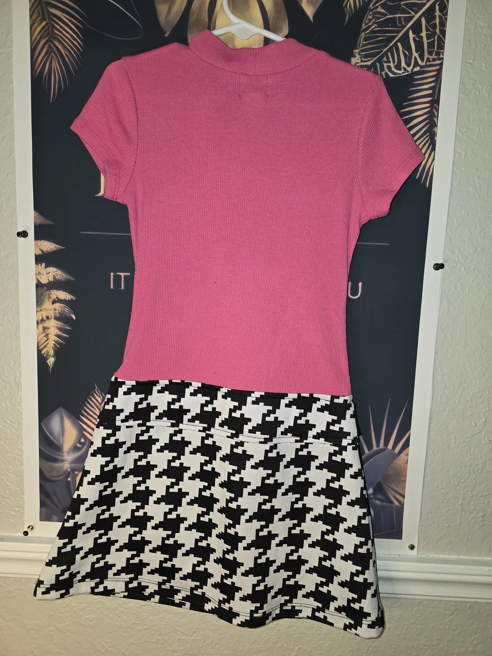Girls' Pink 'Dream Love Peace' Short Sleeve Dress with Houndstooth Skirt